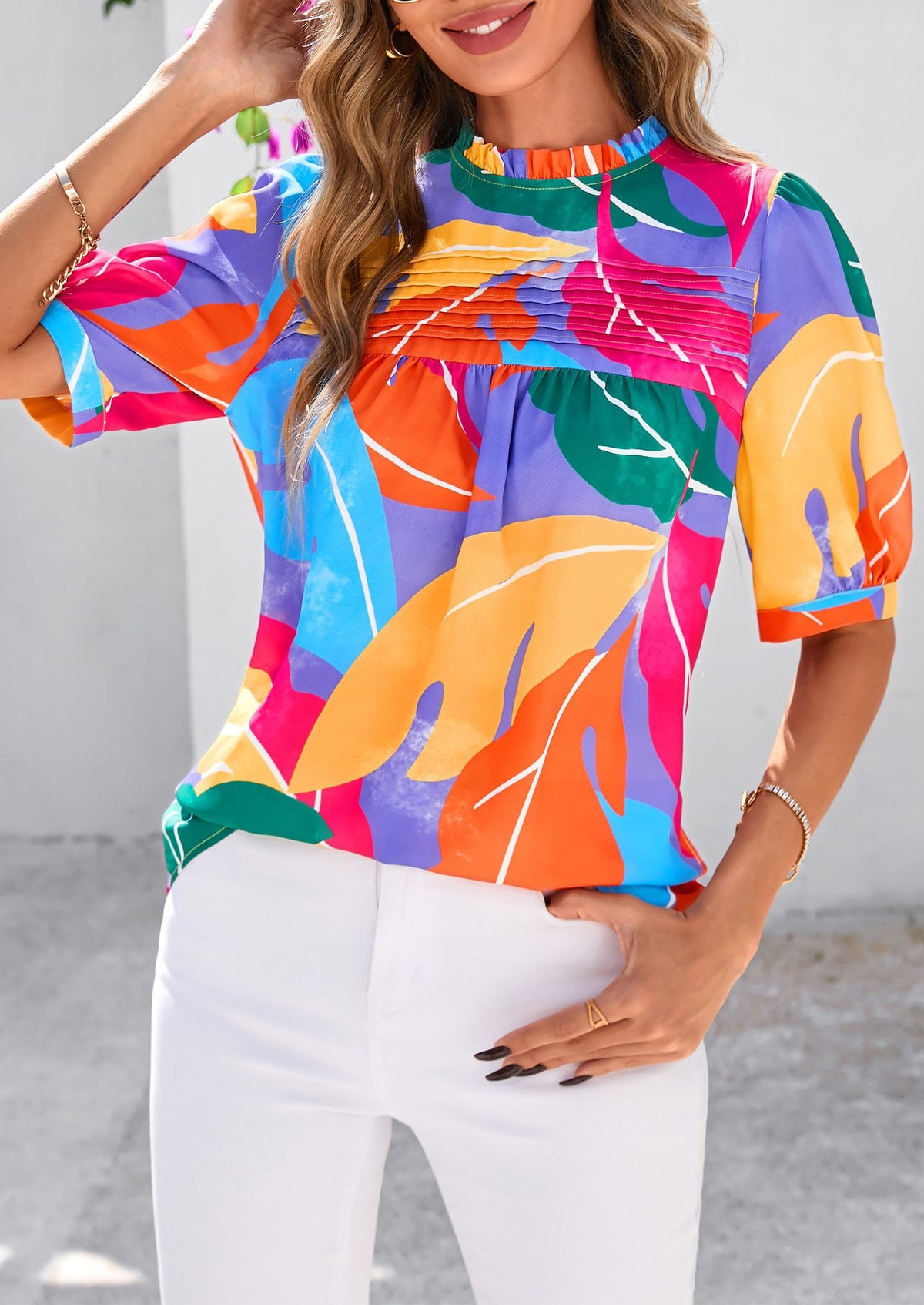 Floral Tops for Women Blouses Dressy Casual 2025 Summer Trendy Outfits Boho Pleated Short Sleeve Shirts