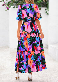 PRETTYGARDEN Women's Maxi Dress Resort Wear Boho Floral V Neck Puff Short Sleeve Ruffle Flowy Beach Long Dresses