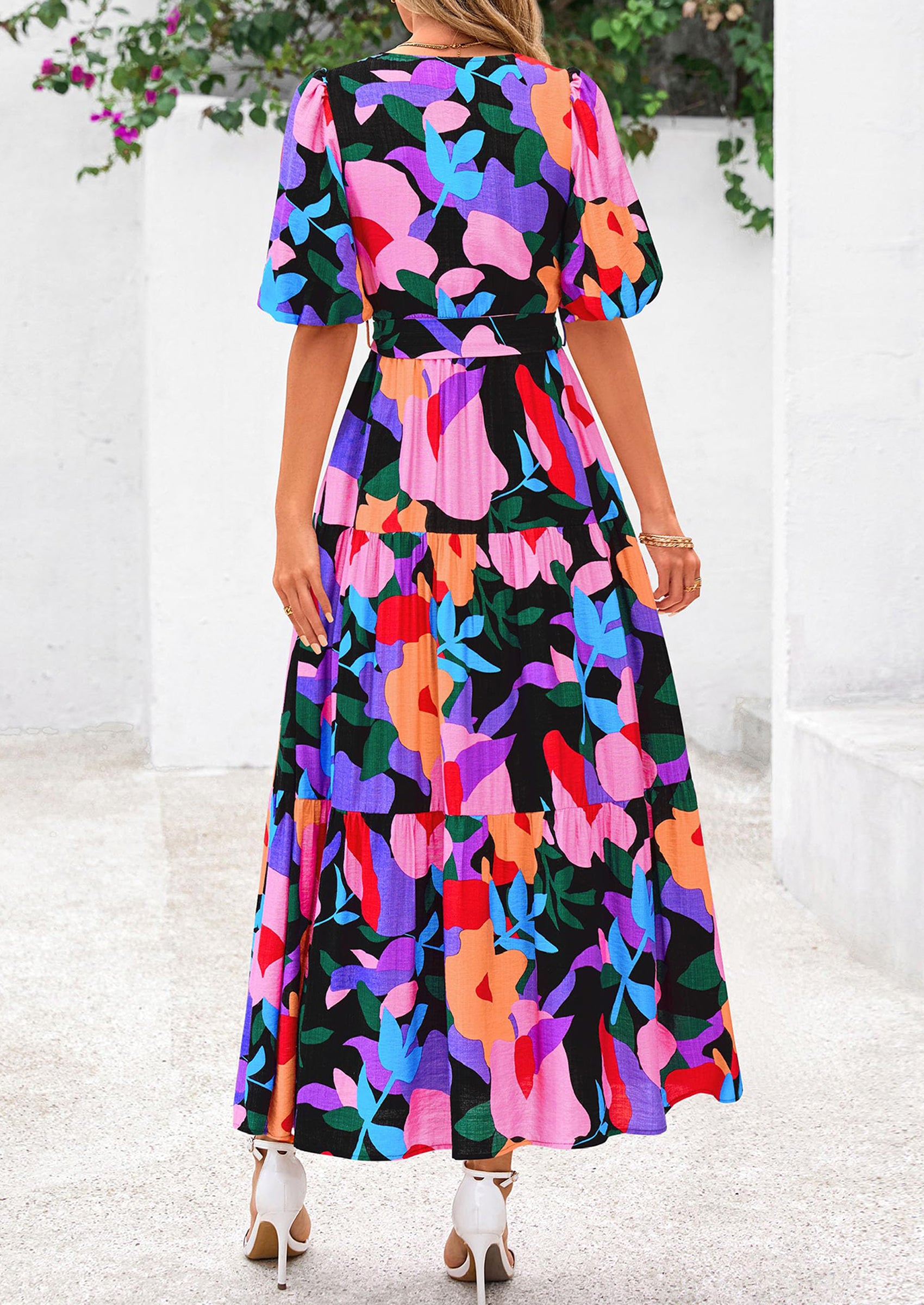 PRETTYGARDEN Women's Maxi Dress Resort Wear Boho Floral V Neck Puff Short Sleeve Ruffle Flowy Beach Long Dresses