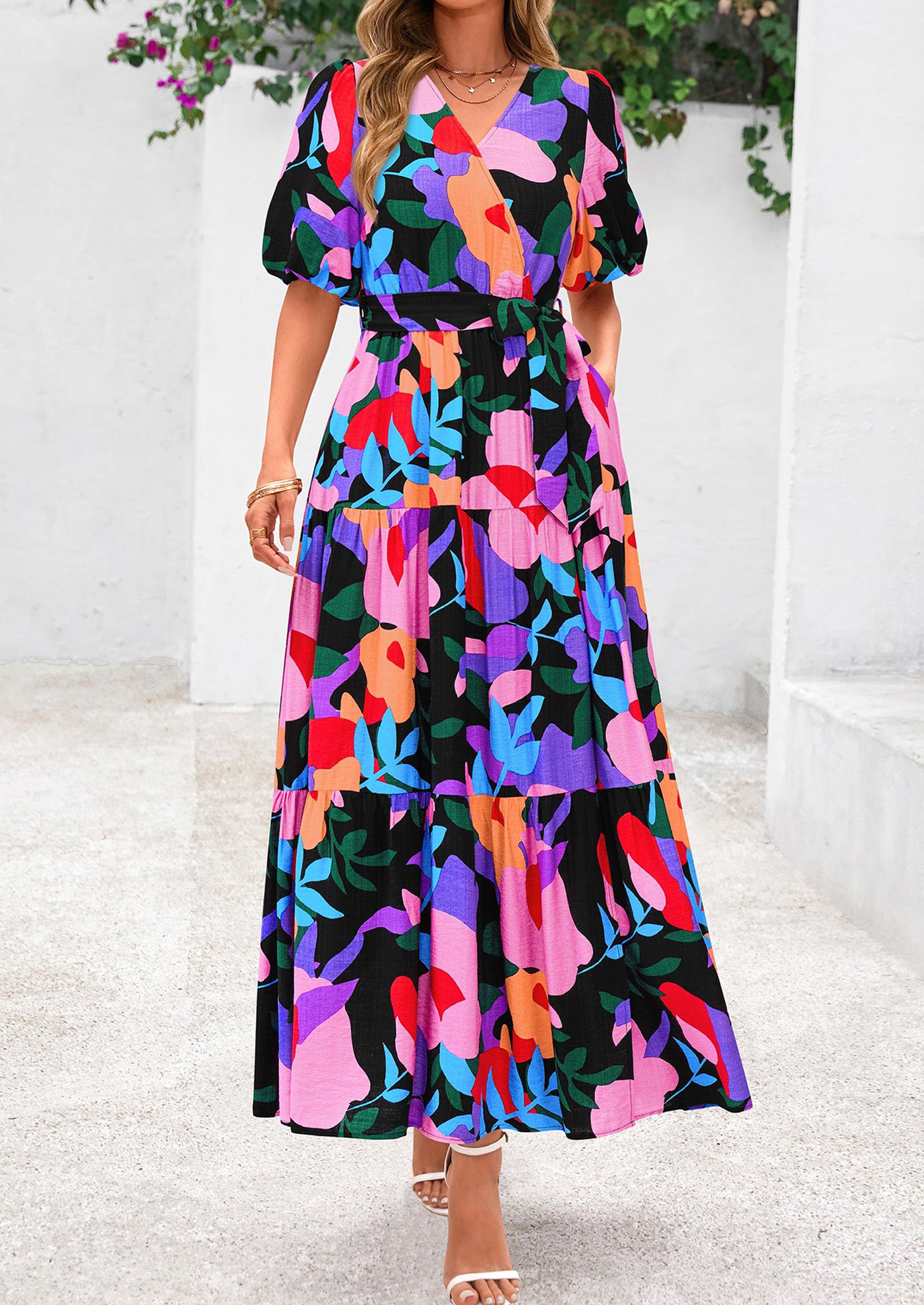 PRETTYGARDEN Women's Maxi Dress Resort Wear Boho Floral V Neck Puff Short Sleeve Ruffle Flowy Beach Long Dresses