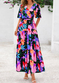 PRETTYGARDEN Women's Maxi Dress Resort Wear Boho Floral V Neck Puff Short Sleeve Ruffle Flowy Beach Long Dresses