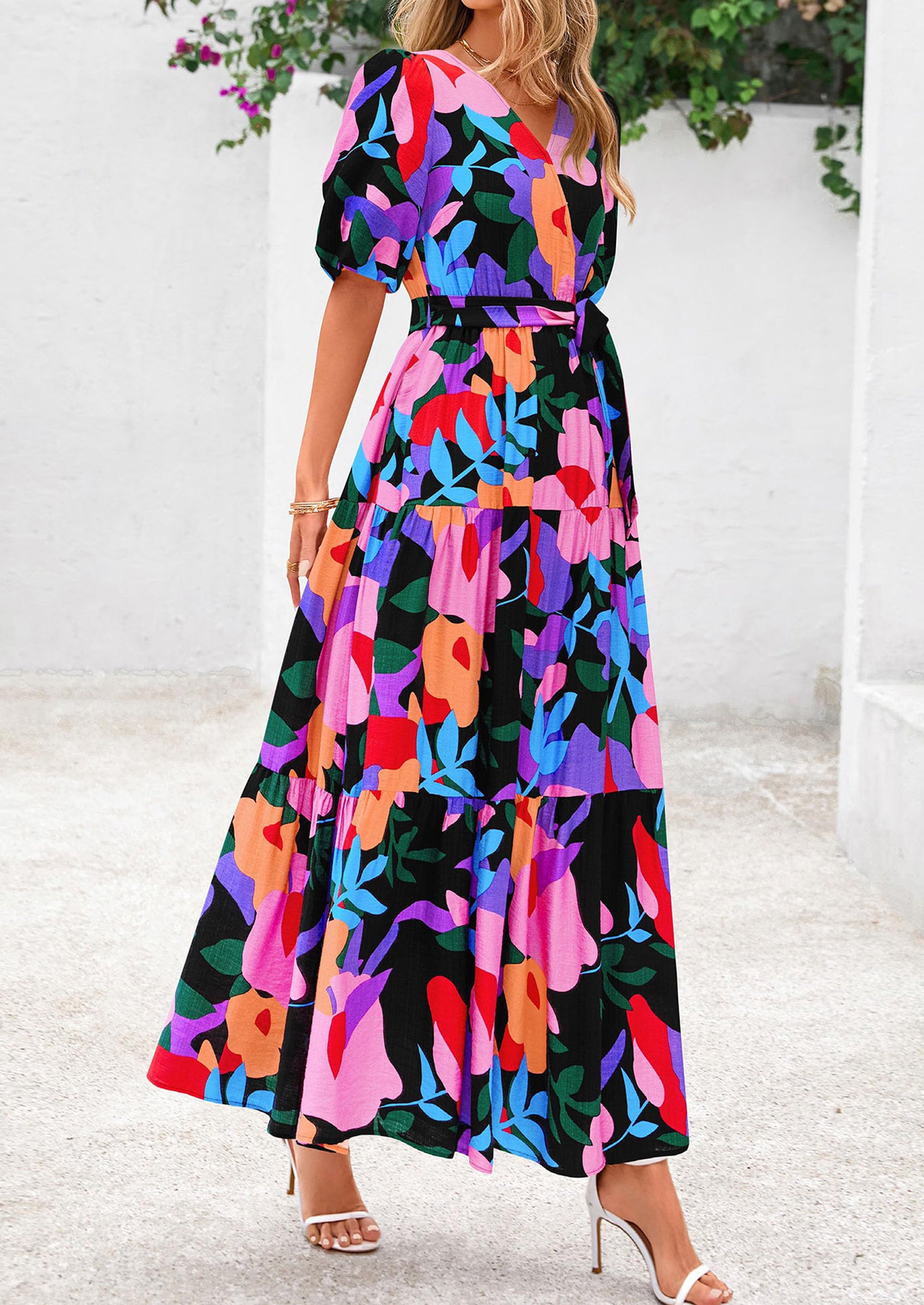 PRETTYGARDEN Women's Maxi Dress Resort Wear Boho Floral V Neck Puff Short Sleeve Ruffle Flowy Beach Long Dresses