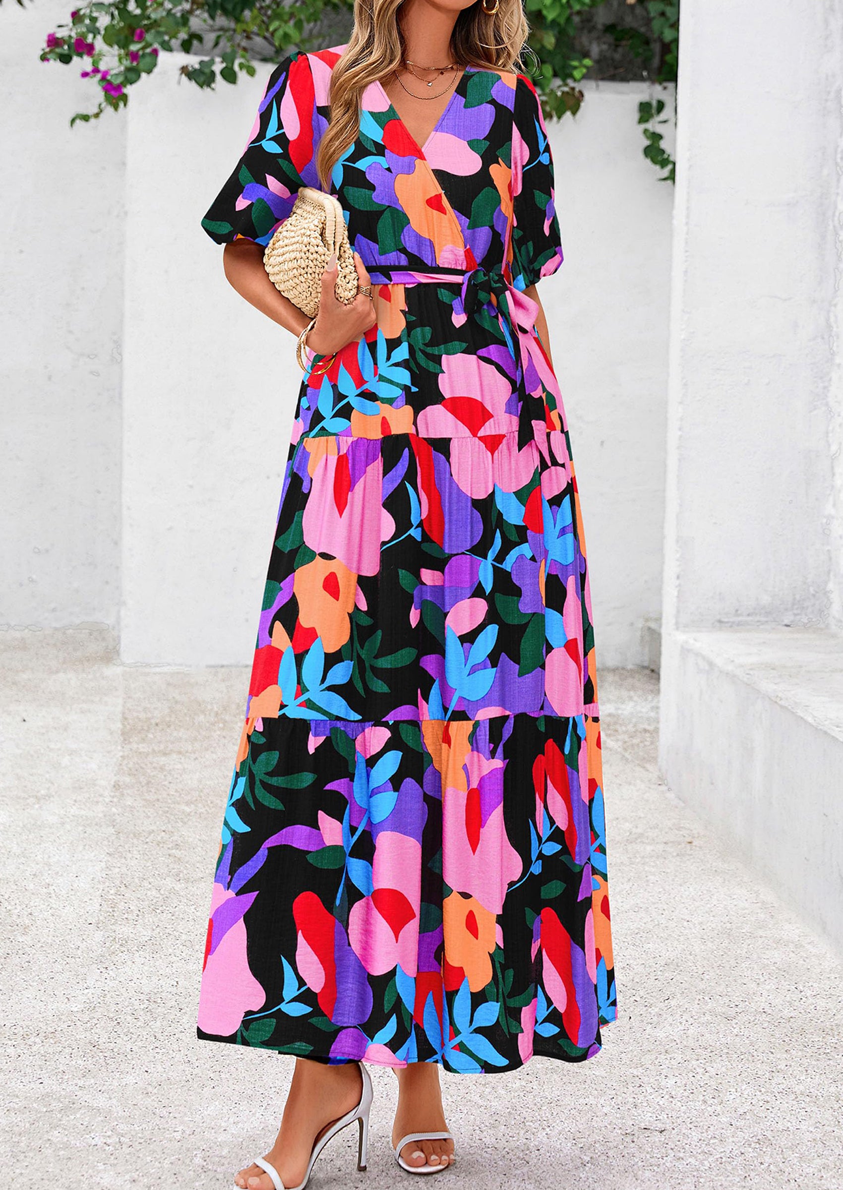 PRETTYGARDEN Women's Maxi Dress Resort Wear Boho Floral V Neck Puff Short Sleeve Ruffle Flowy Beach Long Dresses