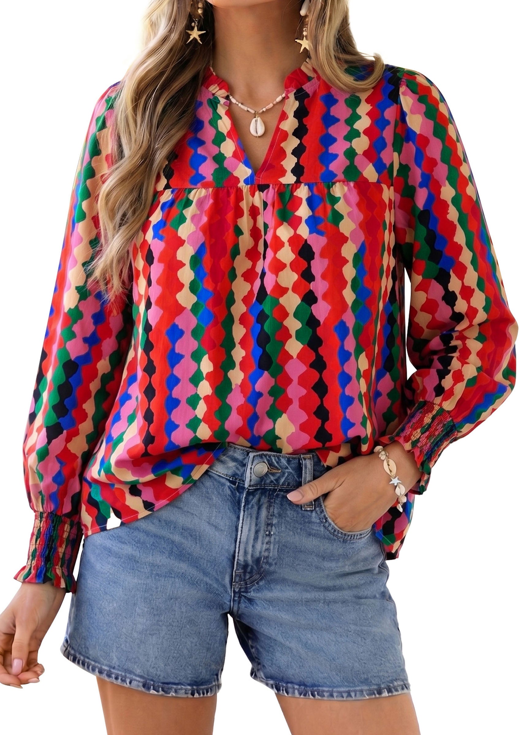 PRETTYGARDEN Women's Boho Floral Blouses Dressy Casual | Trendy Printed, Long Sleeve V Neck Tops, Bohemian Polka Dot Striped Shirt, Going Out Vacation Outfits, Fall Fashion Clothing