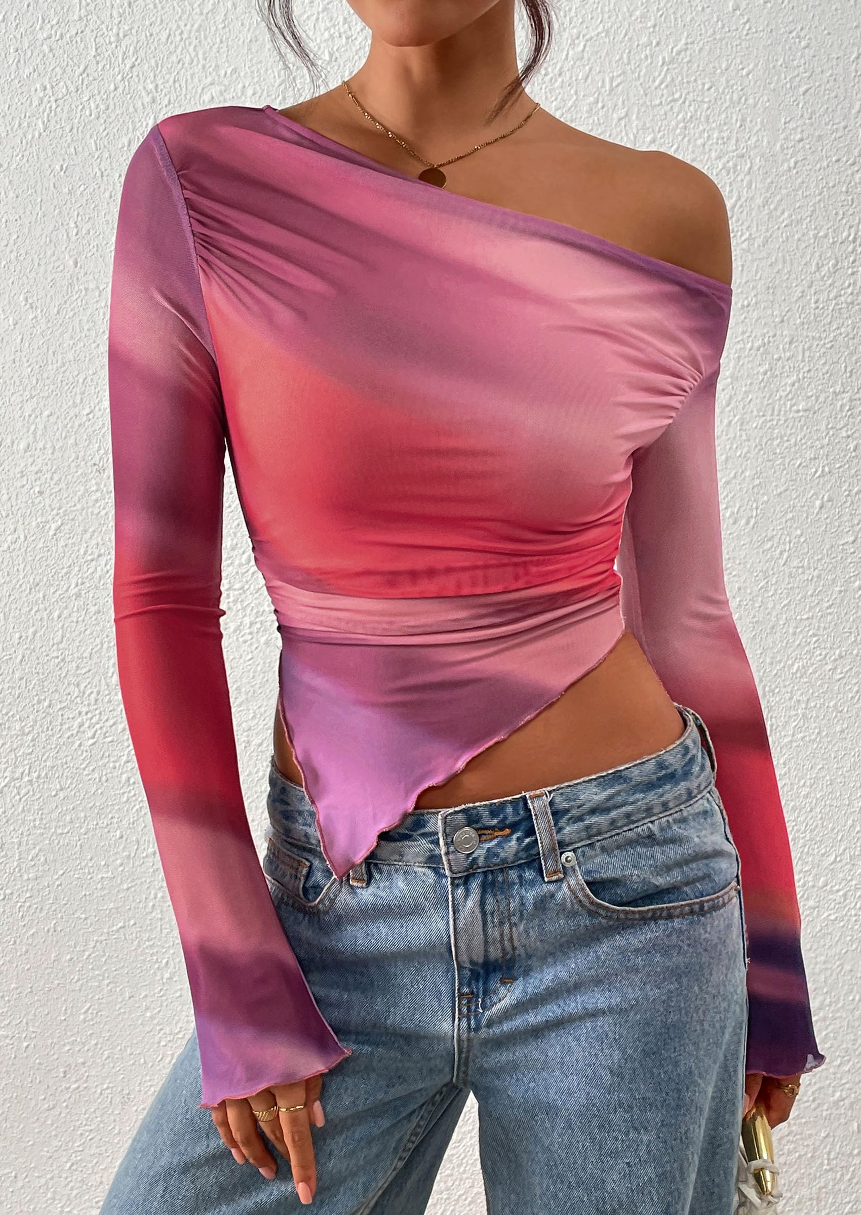 PRETTYGARDEN Womens Fall Trendy Off Shoulder Tops Tie Dye Mesh Long Sleeve Shirts Asymmetrical Ruched Floral Blouse