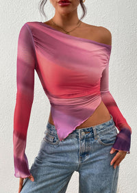 PRETTYGARDEN Womens Fall Trendy Off Shoulder Tops Tie Dye Mesh Long Sleeve Shirts Asymmetrical Ruched Floral Blouse