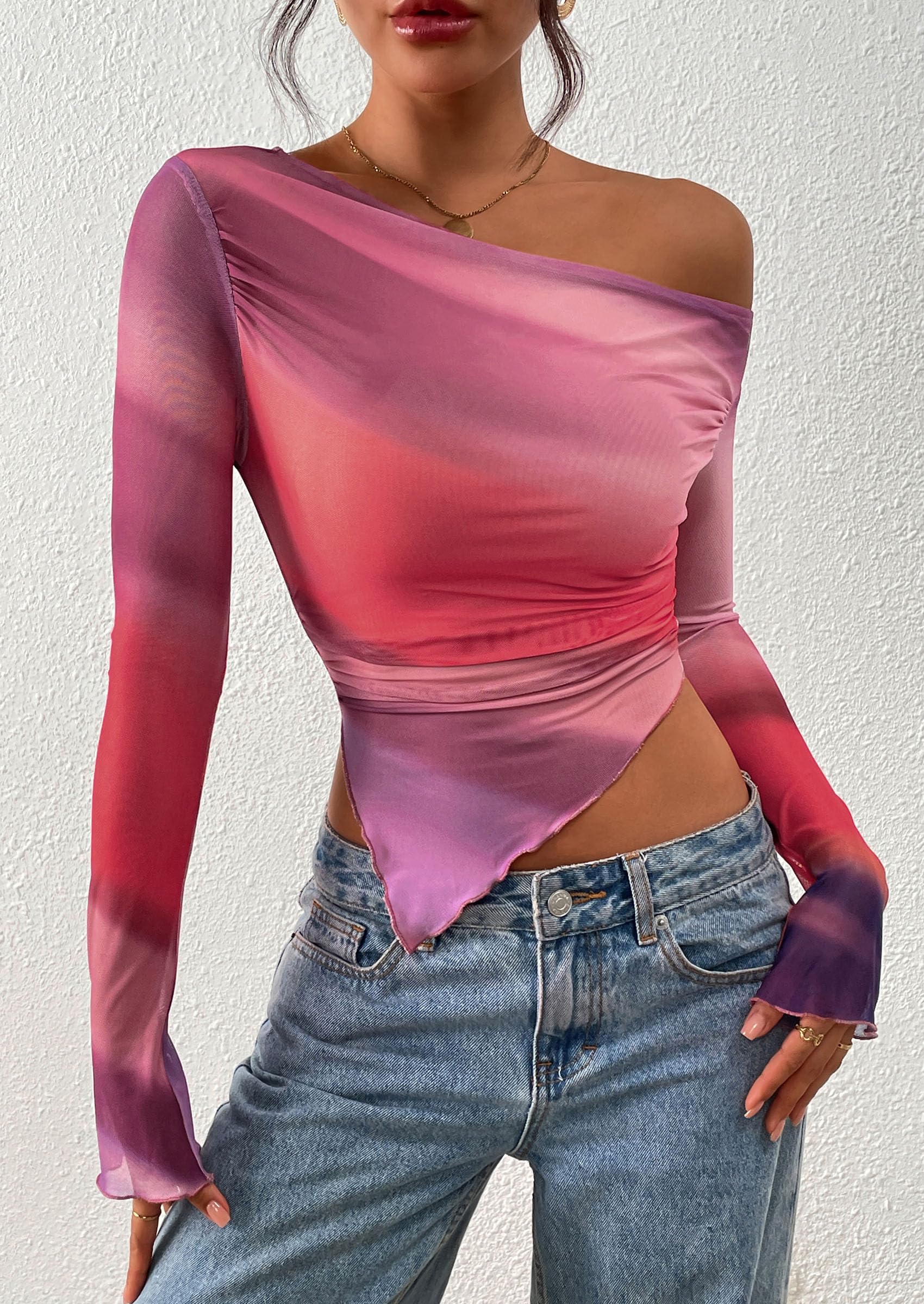 PRETTYGARDEN Womens Fall Trendy Off Shoulder Tops Tie Dye Mesh Long Sleeve Shirts Asymmetrical Ruched Floral Blouse