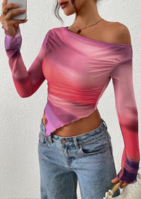 PRETTYGARDEN Womens Fall Trendy Off Shoulder Tops Tie Dye Mesh Long Sleeve Shirts Asymmetrical Ruched Floral Blouse