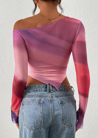 PRETTYGARDEN Womens Fall Trendy Off Shoulder Tops Tie Dye Mesh Long Sleeve Shirts Asymmetrical Ruched Floral Blouse