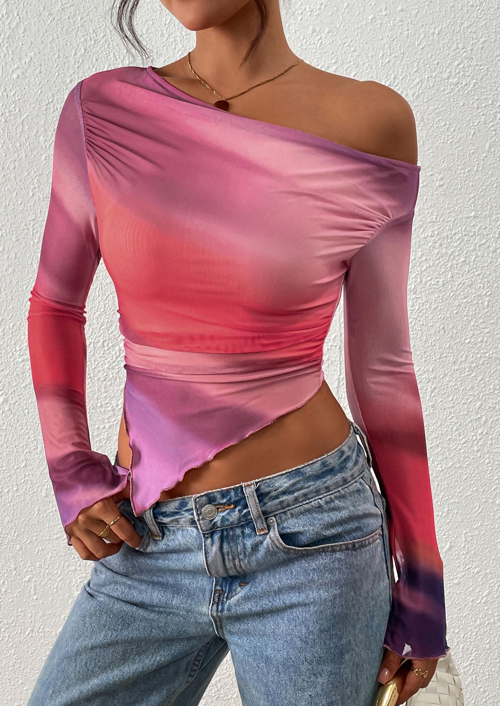 PRETTYGARDEN Womens Fall Trendy Off Shoulder Tops Tie Dye Mesh Long Sleeve Shirts Asymmetrical Ruched Floral Blouse