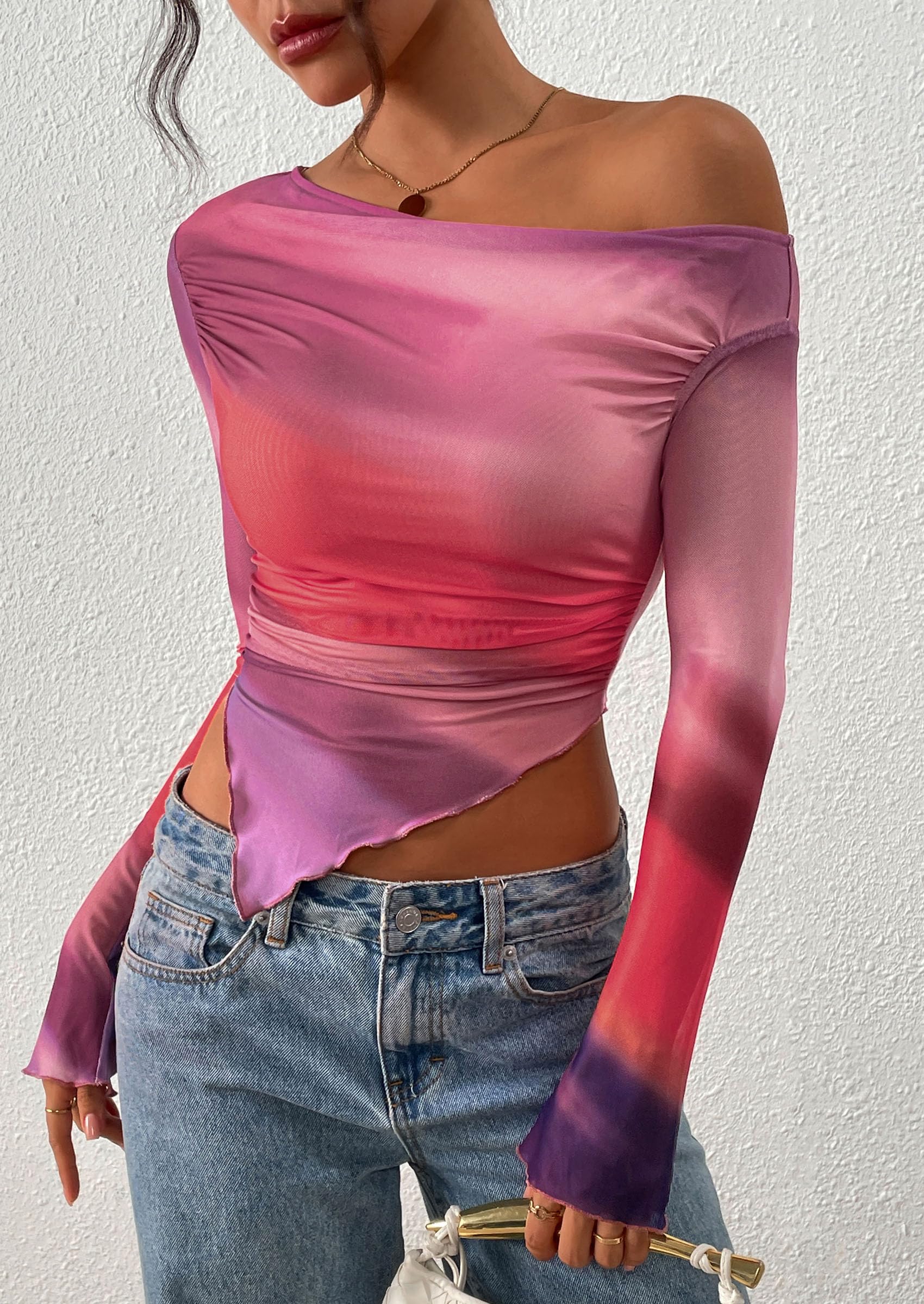 PRETTYGARDEN Womens Fall Trendy Off Shoulder Tops Tie Dye Mesh Long Sleeve Shirts Asymmetrical Ruched Floral Blouse