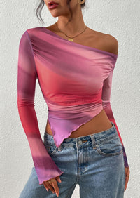 PRETTYGARDEN Womens Fall Trendy Off Shoulder Tops Tie Dye Mesh Long Sleeve Shirts Asymmetrical Ruched Floral Blouse