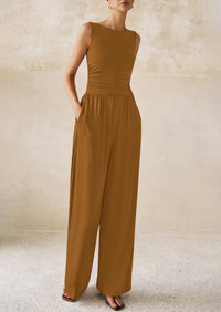PRETTYGARDEN One Piece Jumpsuits for Women Dressy Casual Sleeveless Crewneck Wide Leg Rompers Jumpers Vacation Summer Outfits