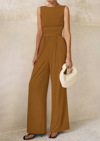 PRETTYGARDEN One Piece Jumpsuits for Women Dressy Casual Sleeveless Crewneck Wide Leg Rompers Jumpers Vacation Summer Outfits