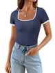 Summer Casual Short Sleeve Ribbed Knit Square Neck Color Block Slim Fit Basic Crop Tops