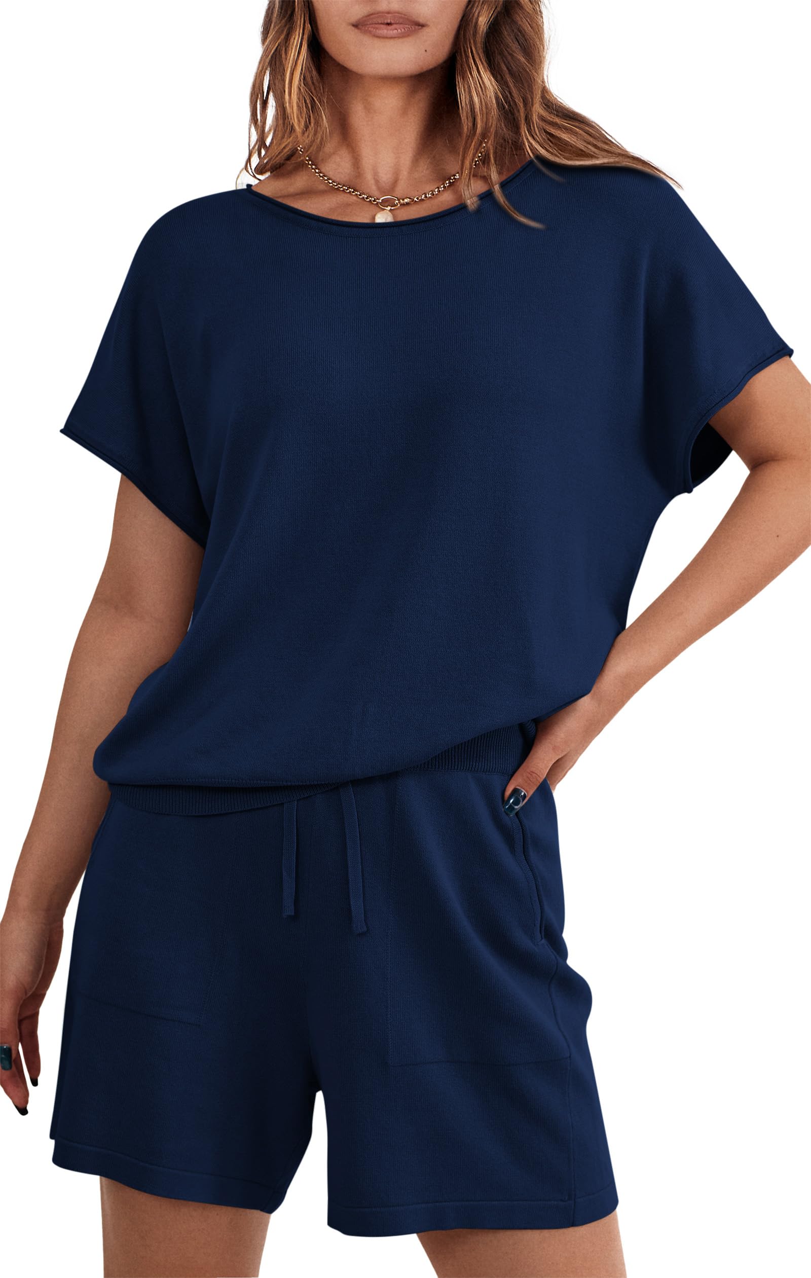 PRETTYGARDEN Two Piece Set for Women Summer Lounge Sets Shorts And Short Sleeve Tops Knitted Matching Travel Spring Outfits PRETTYGARDEN