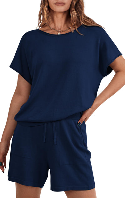 PRETTYGARDEN Two Piece Set for Women Summer Lounge Sets Shorts And Short Sleeve Tops Knitted Matching Travel Spring Outfits PRETTYGARDEN