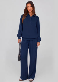 PRETTYGARDEN Women Fall 2 Piece Outfits Sweatsuits Quarter Button Long Sleeve Sweatshirt Wide Leg Pants Tracksuit Lounge Sets