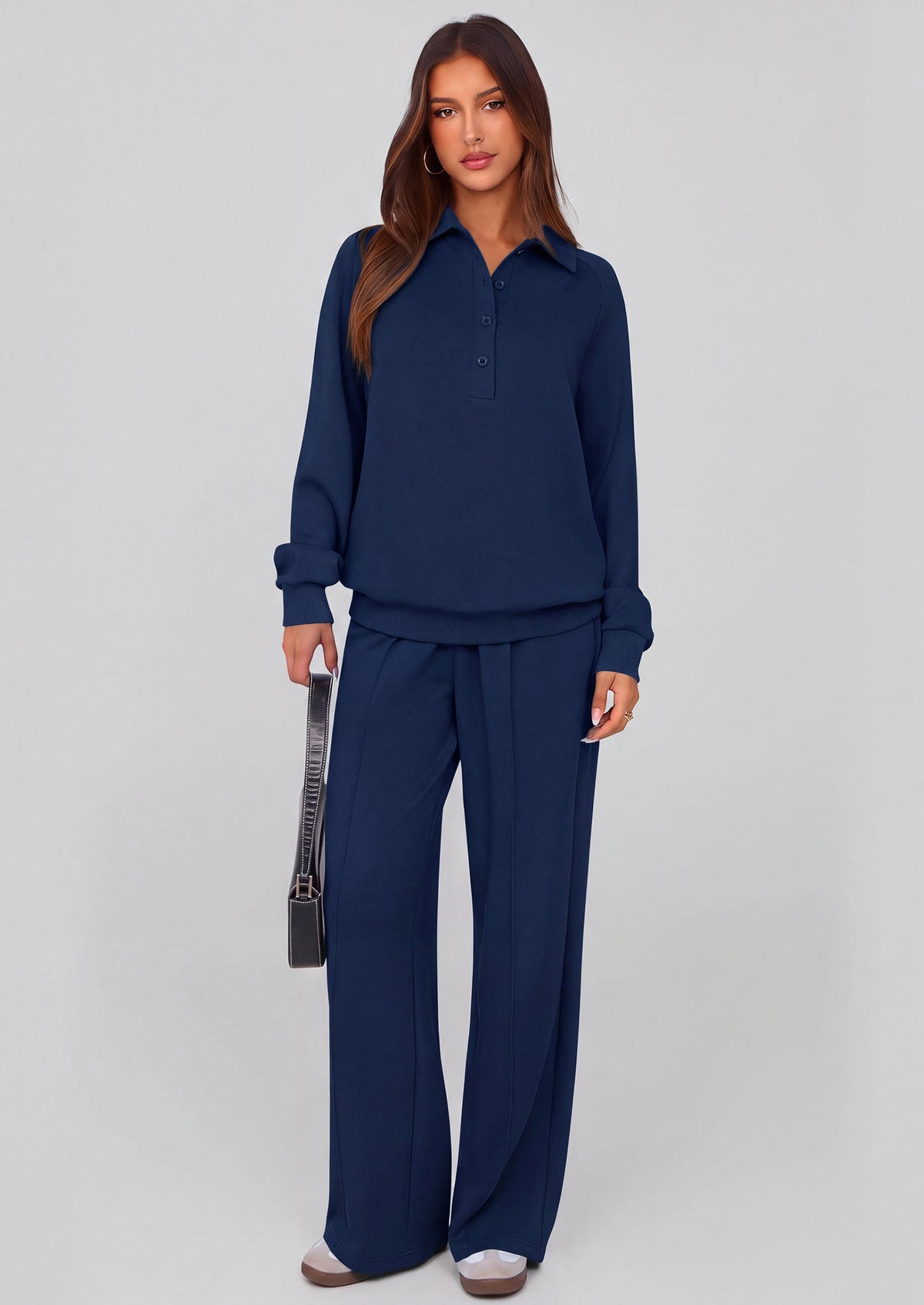 PRETTYGARDEN Women Fall 2 Piece Outfits Sweatsuits Quarter Button Long Sleeve Sweatshirt Wide Leg Pants Tracksuit Lounge Sets