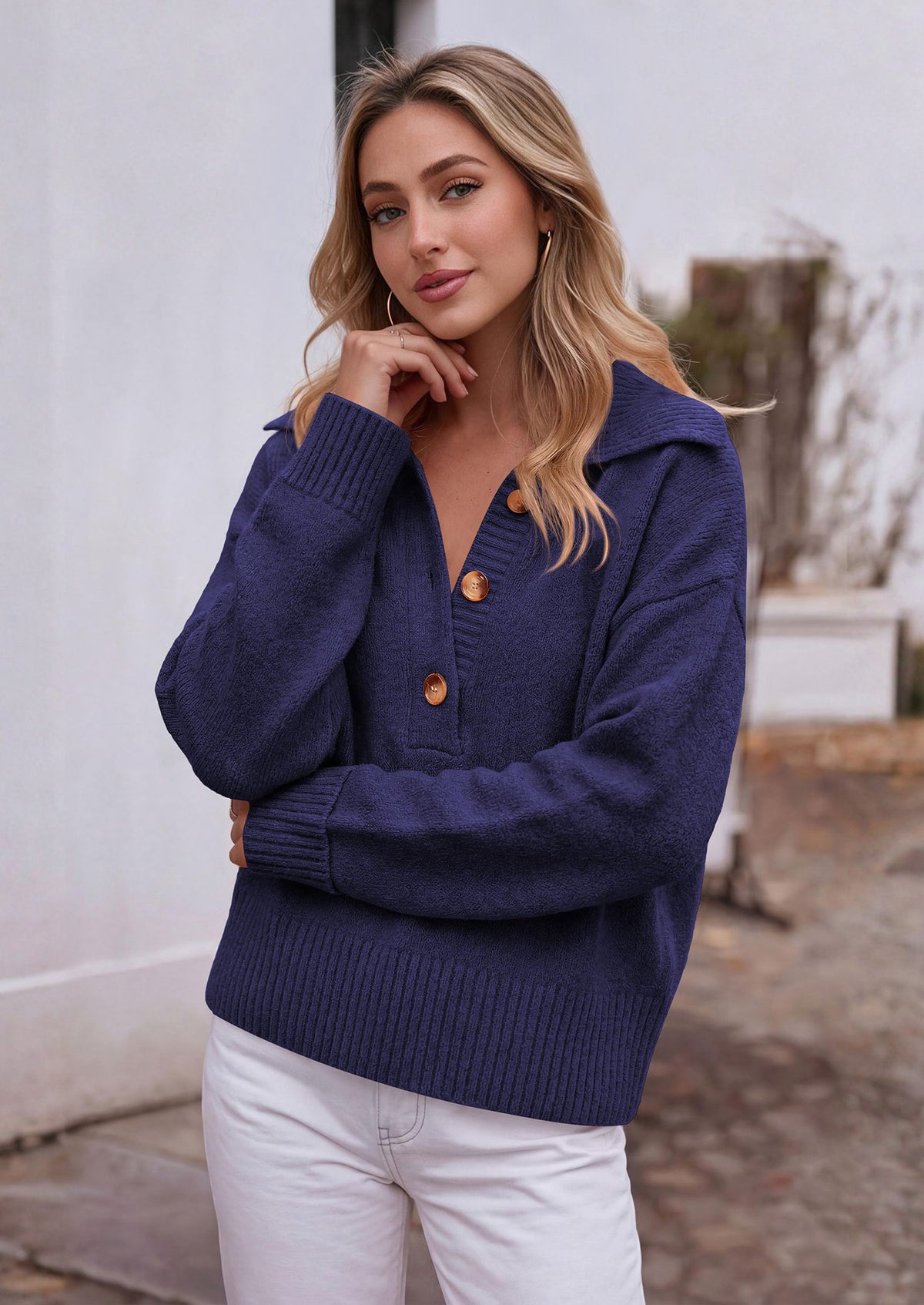 PRETTYGARDEN Womens Fall Long Sleeve Sweaters Button up V Neck Polo Shirts | Quarter Button Collared Tops, Ribbed Knit Comfy Shirts, Relaxed Fit Sweater Tops, Casual Fall Outfits for Women 2026