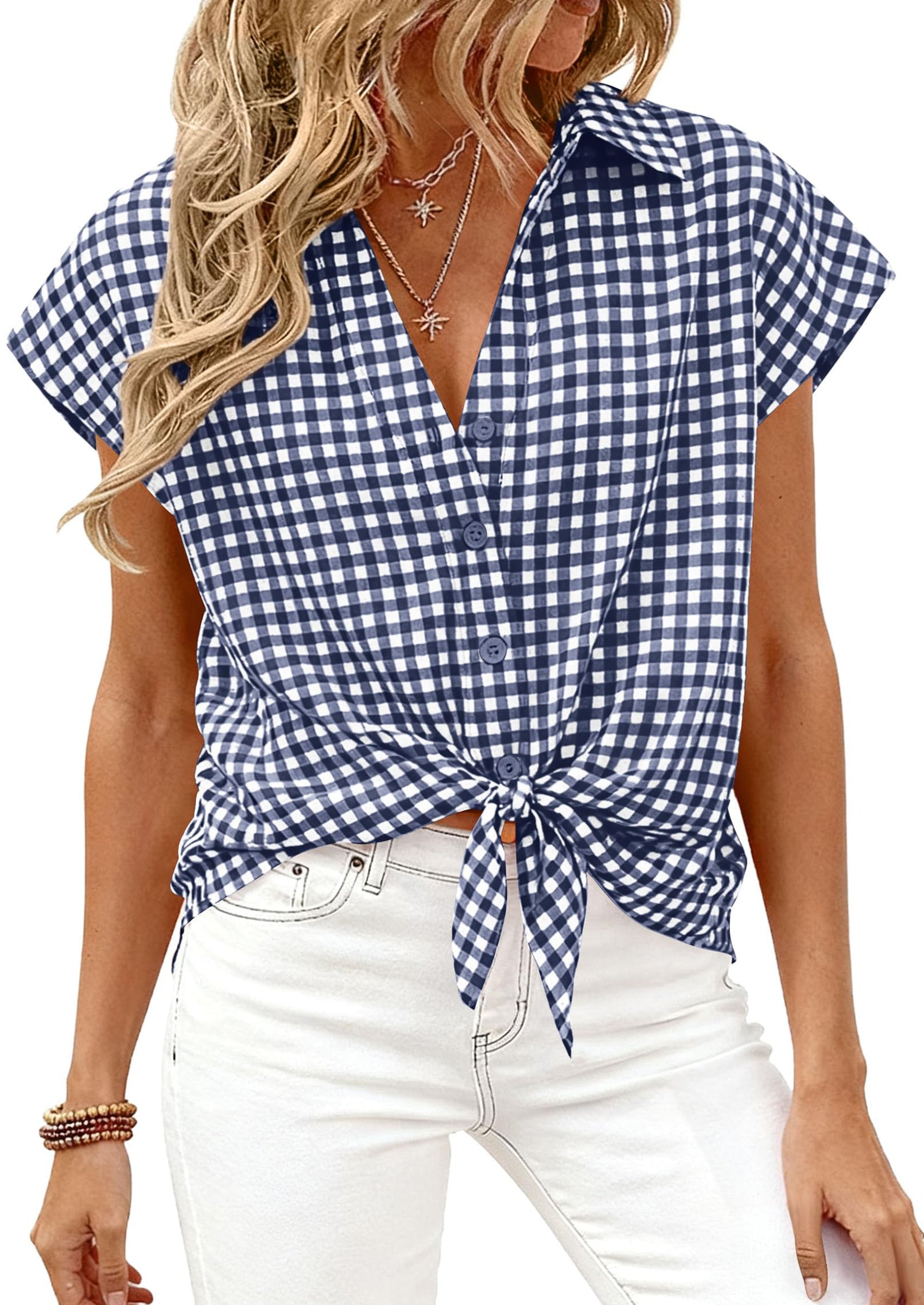 PRETTYGARDEN Womens Button Dwon Shirts V Neck Short Cap Sleeve Collared Plaid Tops Summer Spring Casual Blouses Clothes PRETTYGARDEN