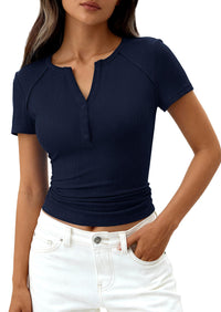 PRETTYGARDEN Womens Summer Short Sleeve Tops 2026 Spring Casual V Neck Henley Button Up T Shirts Dressy Ribbed Knit Blouses PRETTYGARDEN