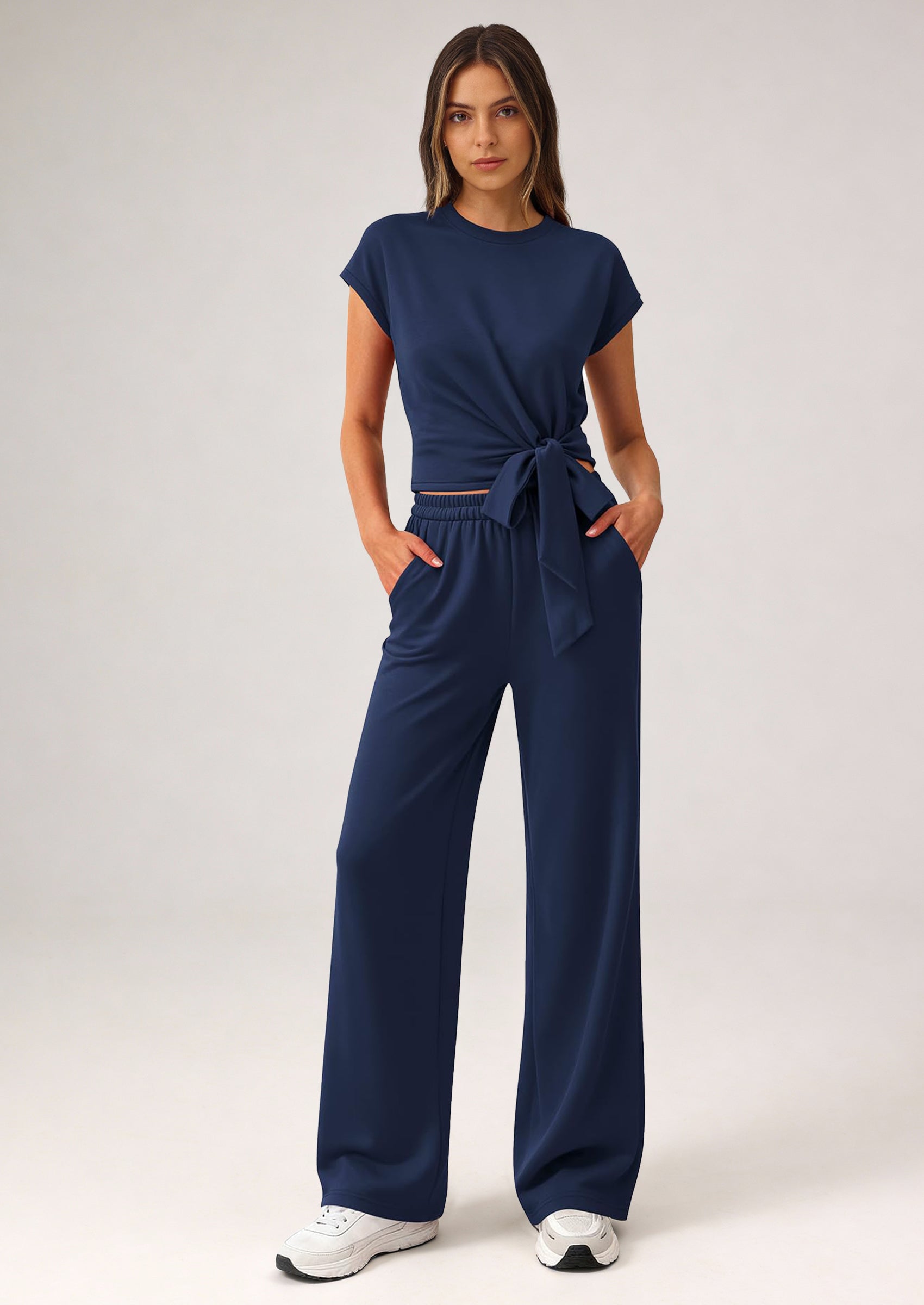 PRETTYGARDEN 2 Piece Matching Lounge Sets For Women Summer Short Sleeve Tie Front Crop Tops Casual Wide Leg Pants Tracksuit PRETTYGARDEN