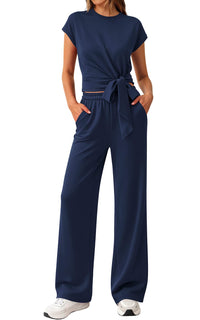 PRETTYGARDEN 2 Piece Matching Lounge Sets For Women Summer Short Sleeve Tie Front Crop Tops Casual Wide Leg Pants Tracksuit PRETTYGARDEN