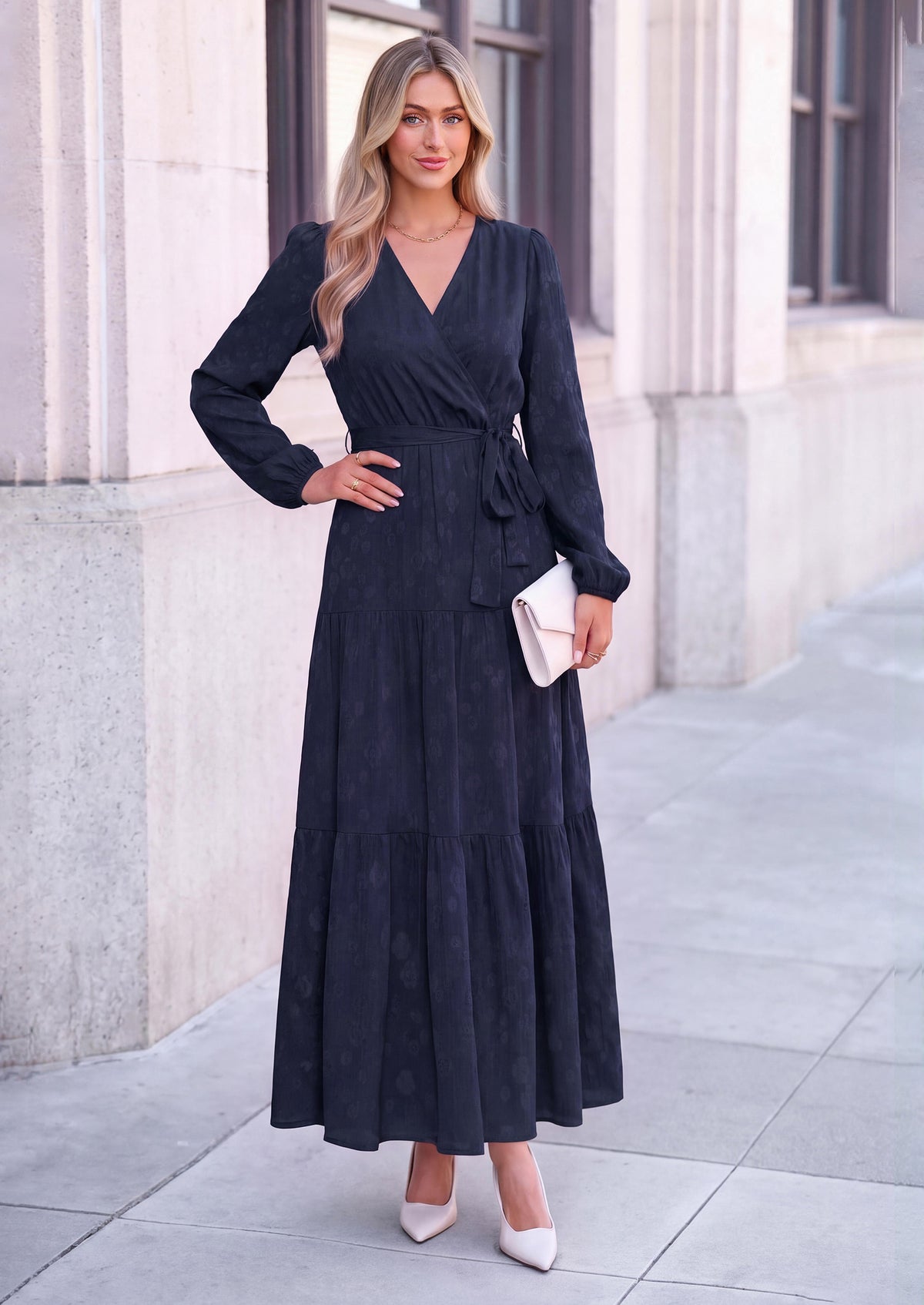 PRETTYGARDEN Womens Long Sleeve Boho Floral Wrap Maxi Dress  Fall Wedding Guest Dresses 2026, Chiffon Flowy Long Dresses, Casual Tie Waist V Neck Dress, Modest A Line Ruffle Tiered Dress