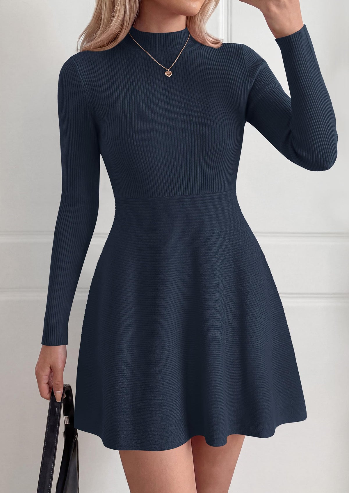 PRETTYGARDEN Womens Mock Neck Long Sleeve Sweater Mini Dress | Soft Ribbed Knit Flared A‑Line, Elegant Fall Winter Dresses for Wedding Guest, Cocktail & Holiday Party Casual Outfits