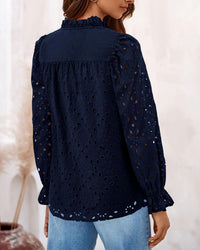 Women's Dressy Casual Blouse Tops Puff Long Sleeve Button V Neck Hollow Out Lace Embroidered Pullover Shirts