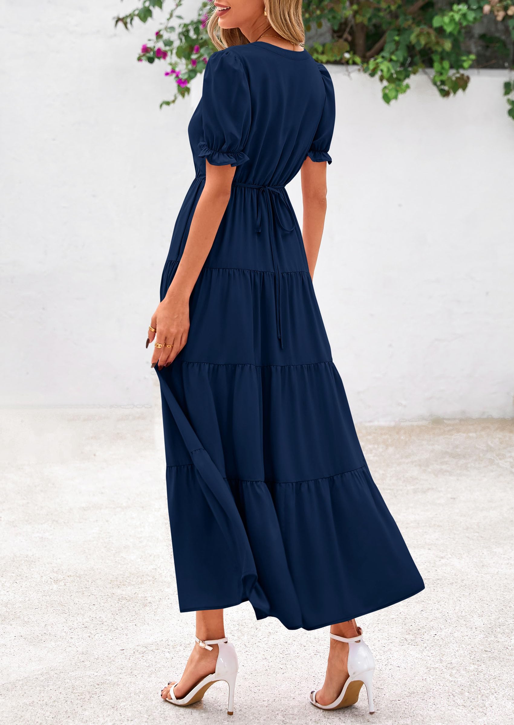 PRETTYGARDEN Women's Casual Short Sleeve V Neck Midi Dresses Spring A-line Tiered Wedding Guest Dress