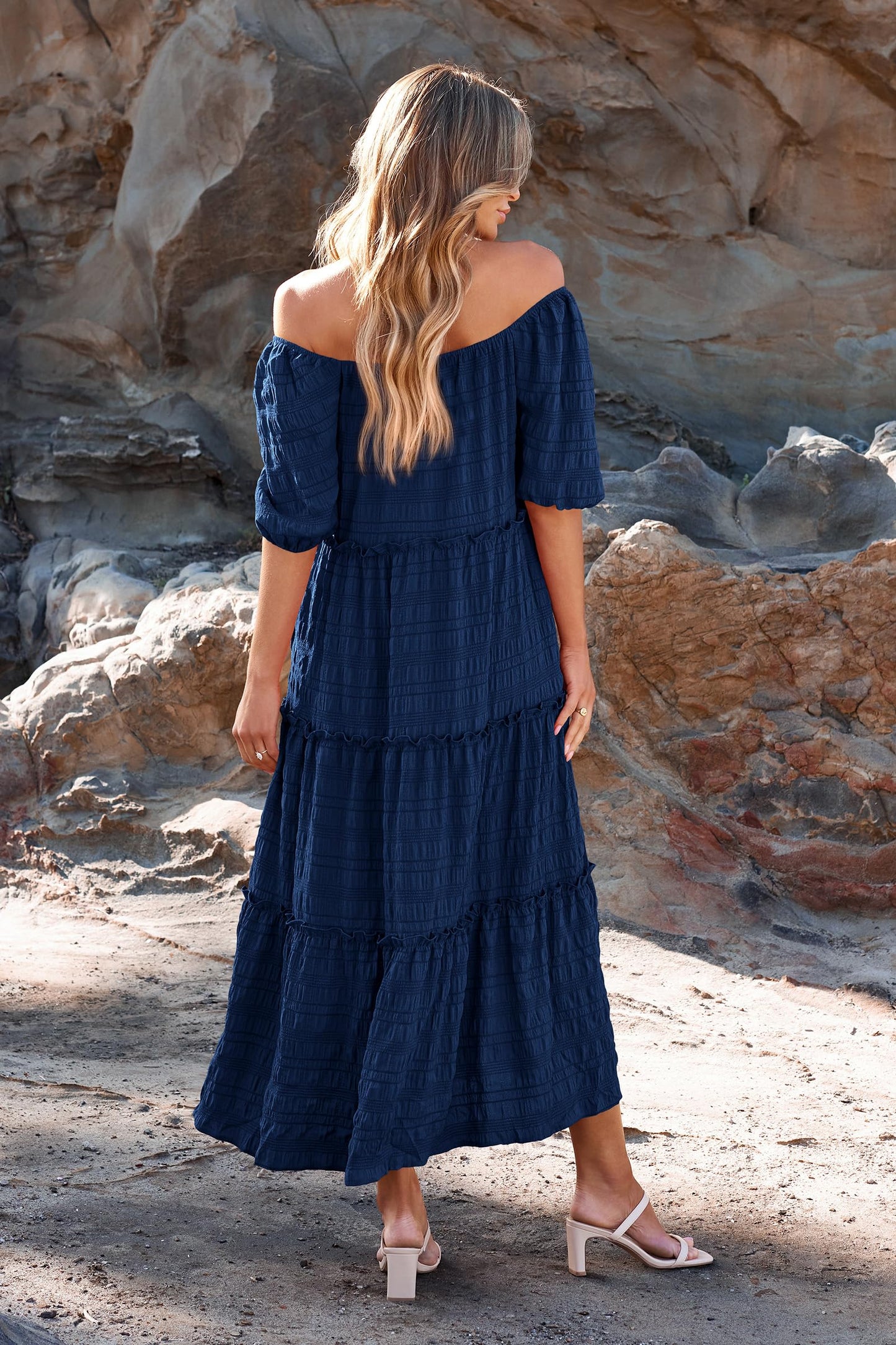 Casual Maxi Dresses Summer Short Sleeve Off The Shoulder Ruffle Tiered Flowy Boho Party Beach Long Dress