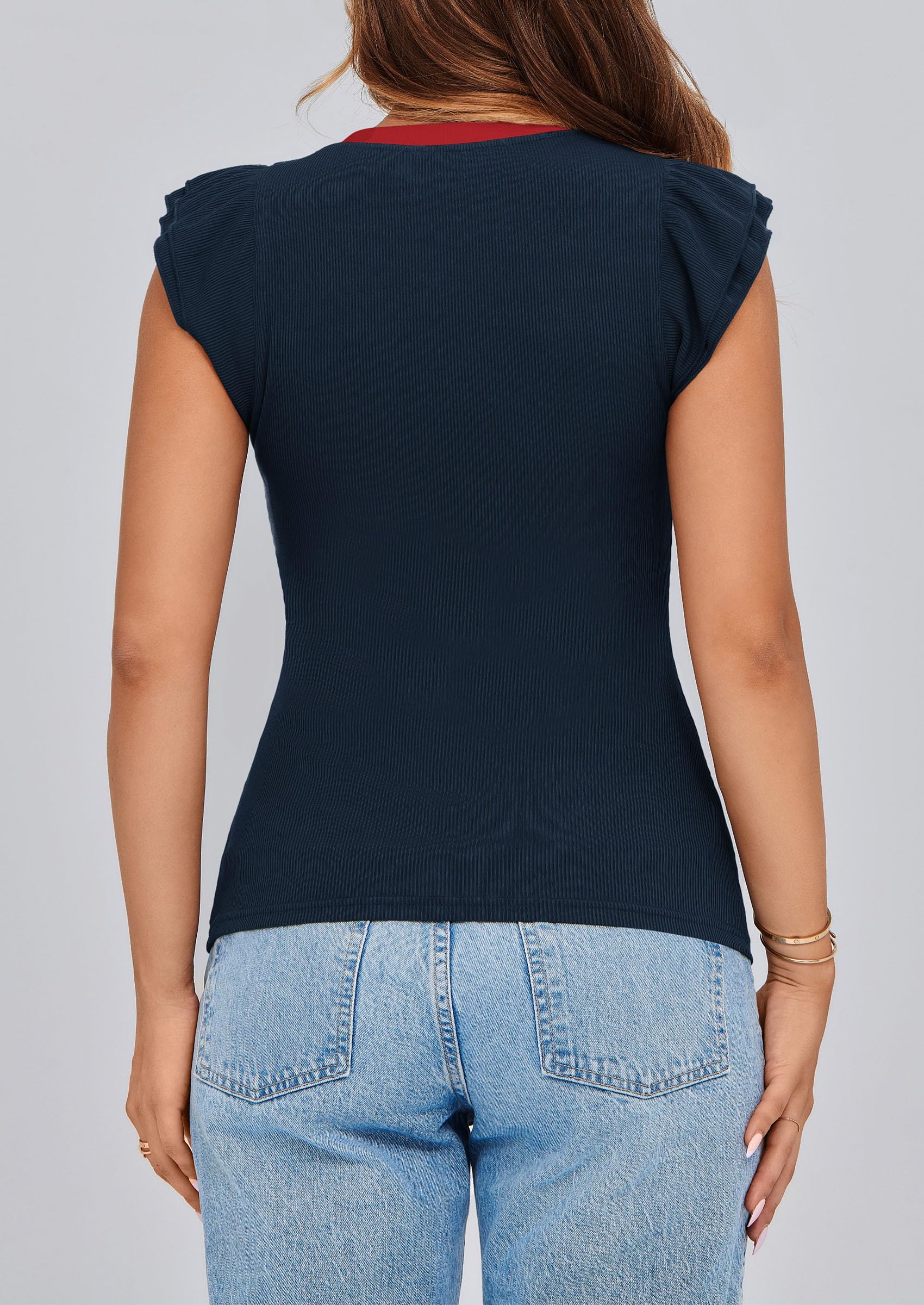 PRETTYGARDEN Womens V Neck Summer Tops Ruffle Sleeveless Slim Fit T Shirts Going Out Casual Blouses