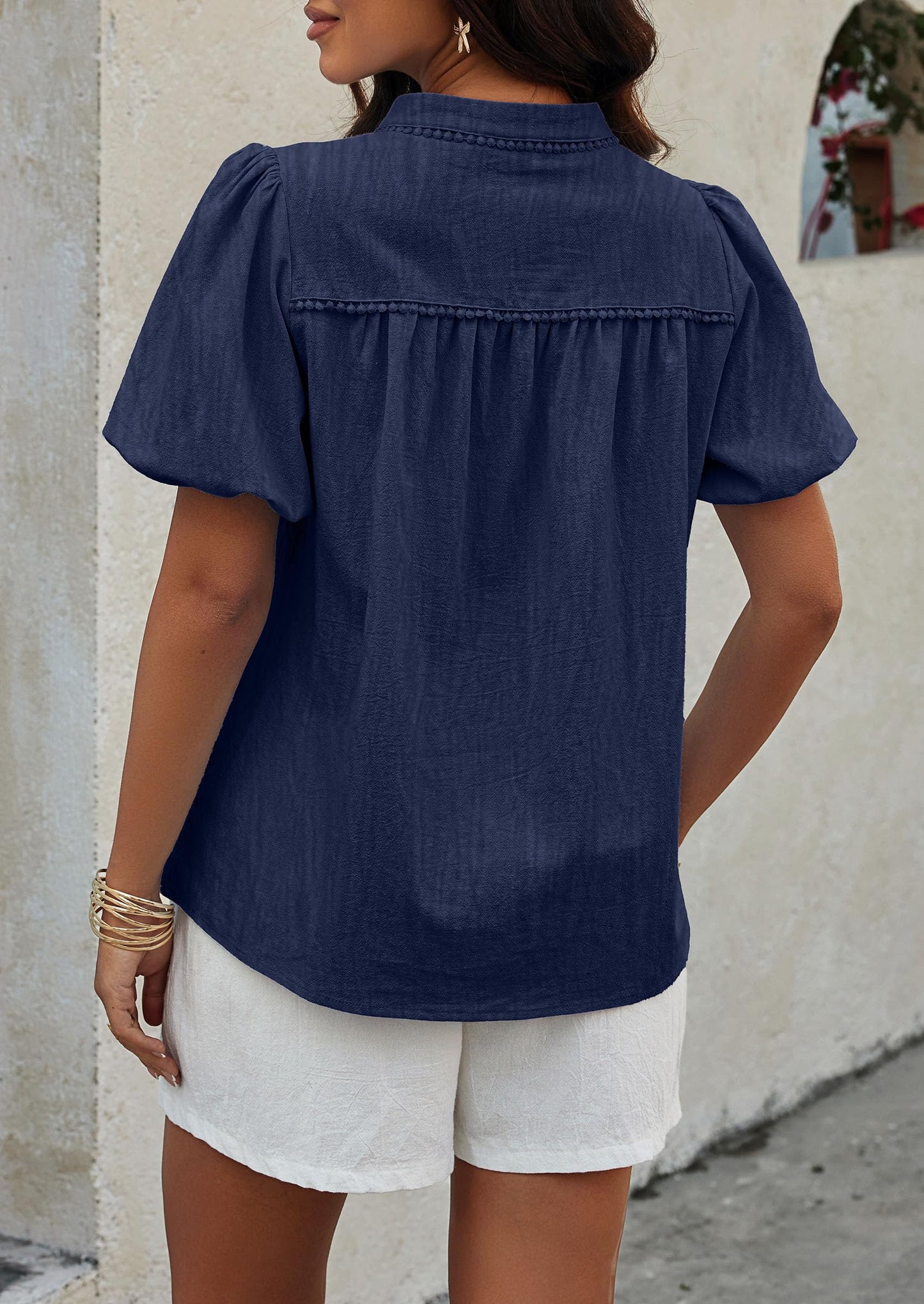 Womens Casual Summer Tops V Neck Short Puff Sleeve Pleated Cotton T Shirts Loose Dressy Blouses