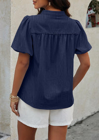 Womens Casual Summer V Neck Short Puff Sleeve Pleated Cotton Loose Dressy Blouses