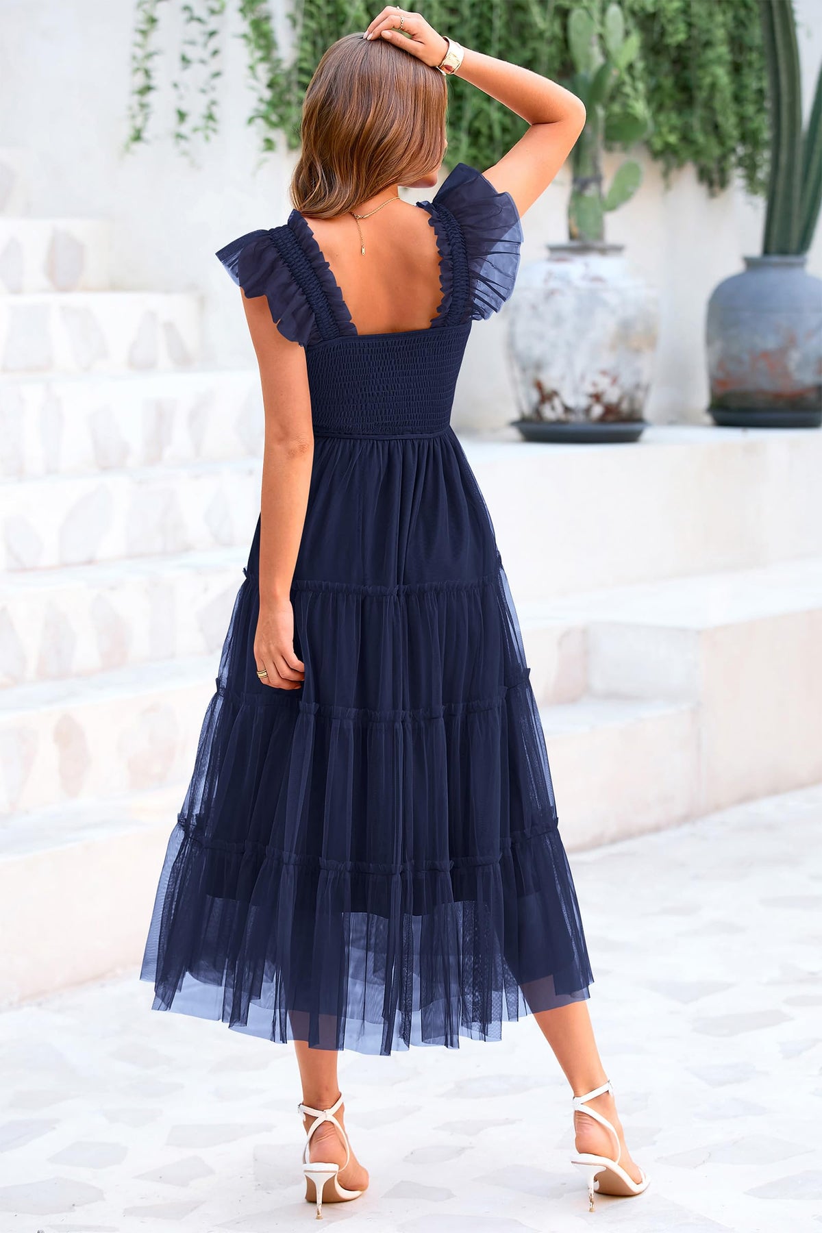 Summer Casual Sleeveless Smocked Ruffle Tulle Flowy Beach Sundress