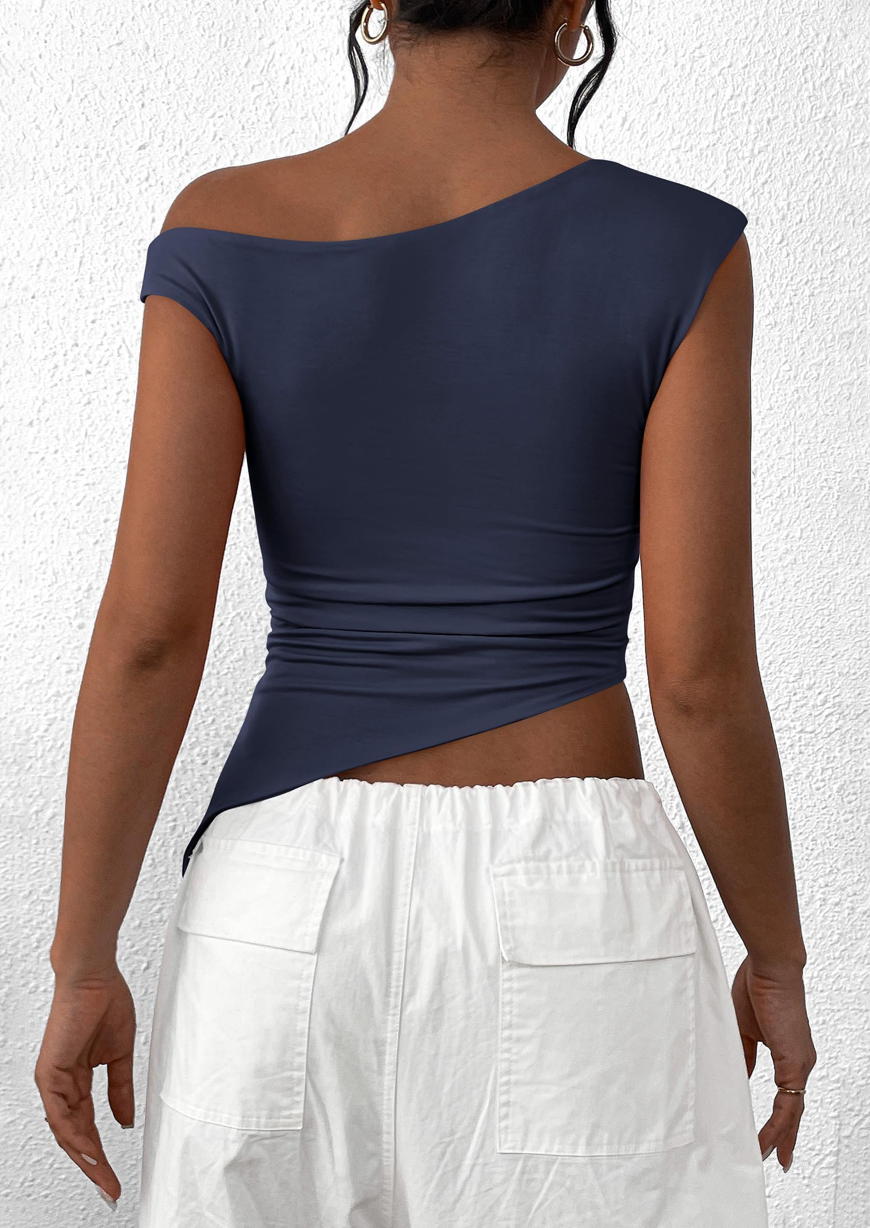 PRETTYGARDEN Womens Off The Shoulder Tops Summer Sleeveless One Shoulder Ruched Asymmetrical Y2K Going Out Crop Tank Top