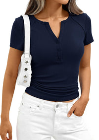 PRETTYGARDEN Womens Summer Short Sleeve Tops 2026 Spring Casual V Neck Henley Button Up T Shirts Dressy Ribbed Knit Blouses PRETTYGARDEN