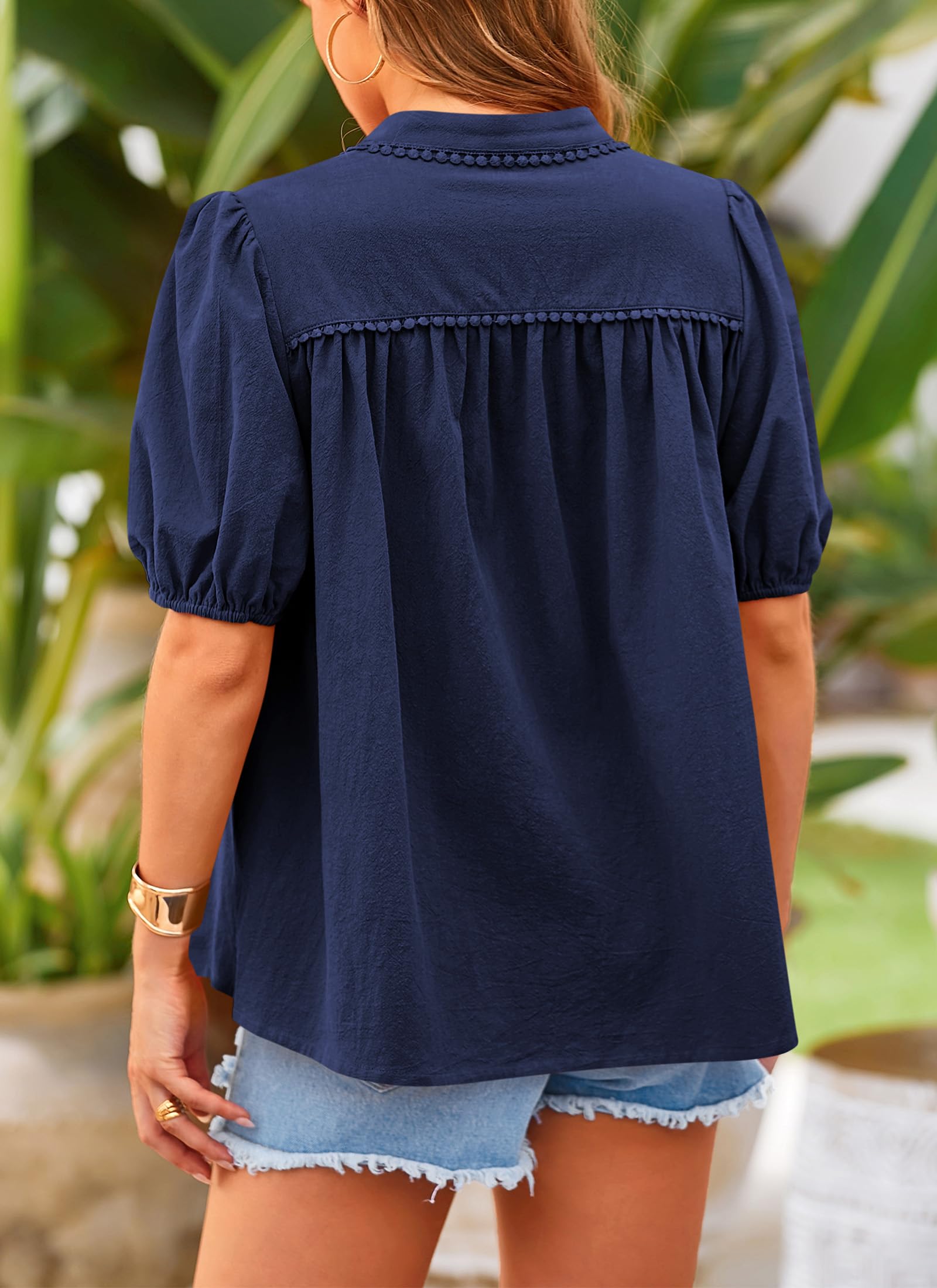 PRETTYGARDEN Women's Summer Tops Button Down Shirts Short Lantern Sleeve V Neck Cotton Cute Dressy Casual Blouses