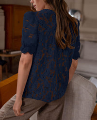 PRETTYGARDEN Womens Spring Lace Tops Short Puff Sleeve Casual Dressy Blouses Eyelet Crew Neck Button Down Shirts