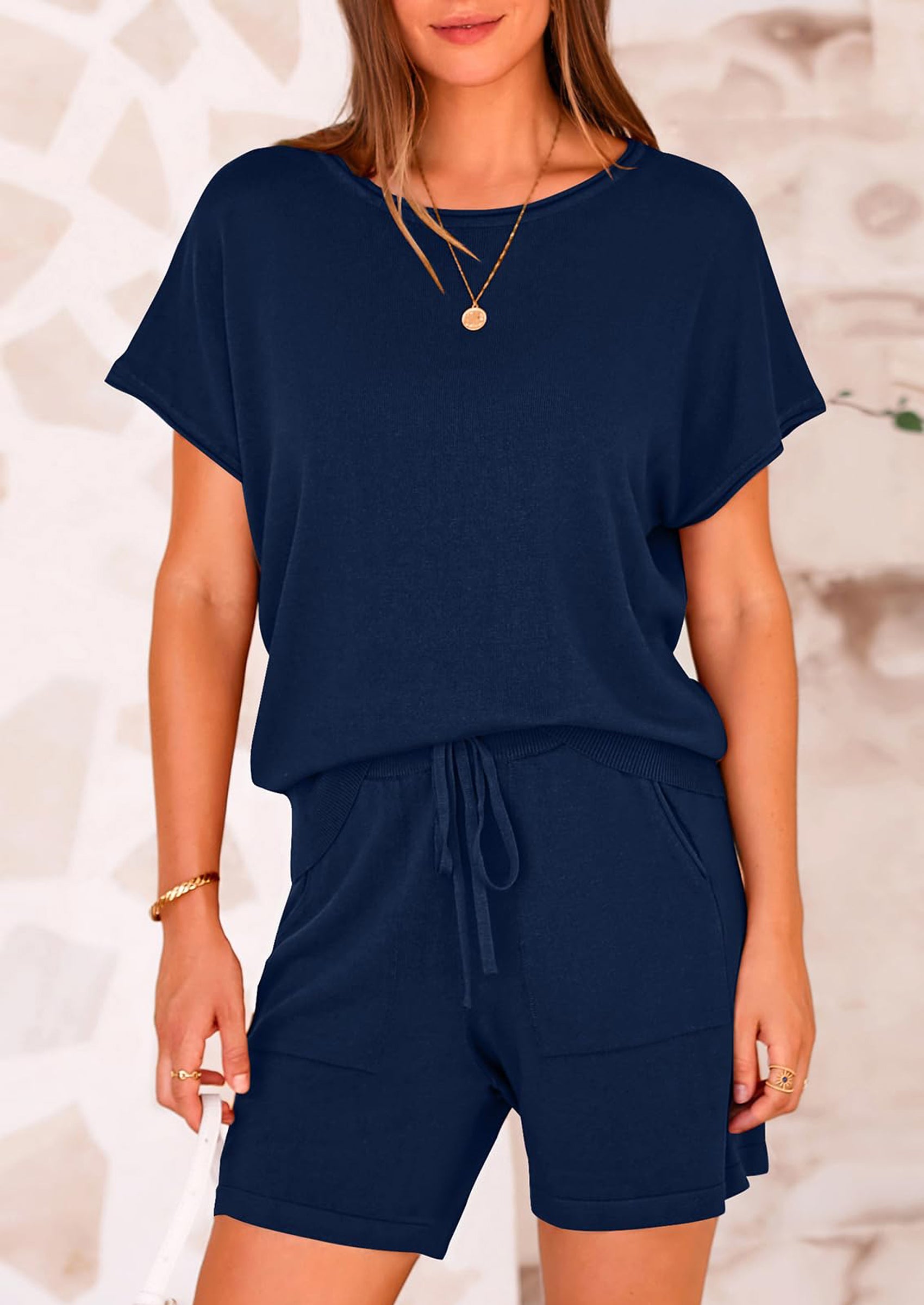 PRETTYGARDEN Two Piece Set for Women Summer Lounge Sets Shorts And Short Sleeve Tops Knitted Matching Travel Spring Outfits PRETTYGARDEN