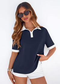 PRETTYGARDEN Summer Short Sleeve Polo Shirts for Women Collared V Neck Work Dressy Tops Knit Loose Business Casual Outfits PRETTYGARDEN