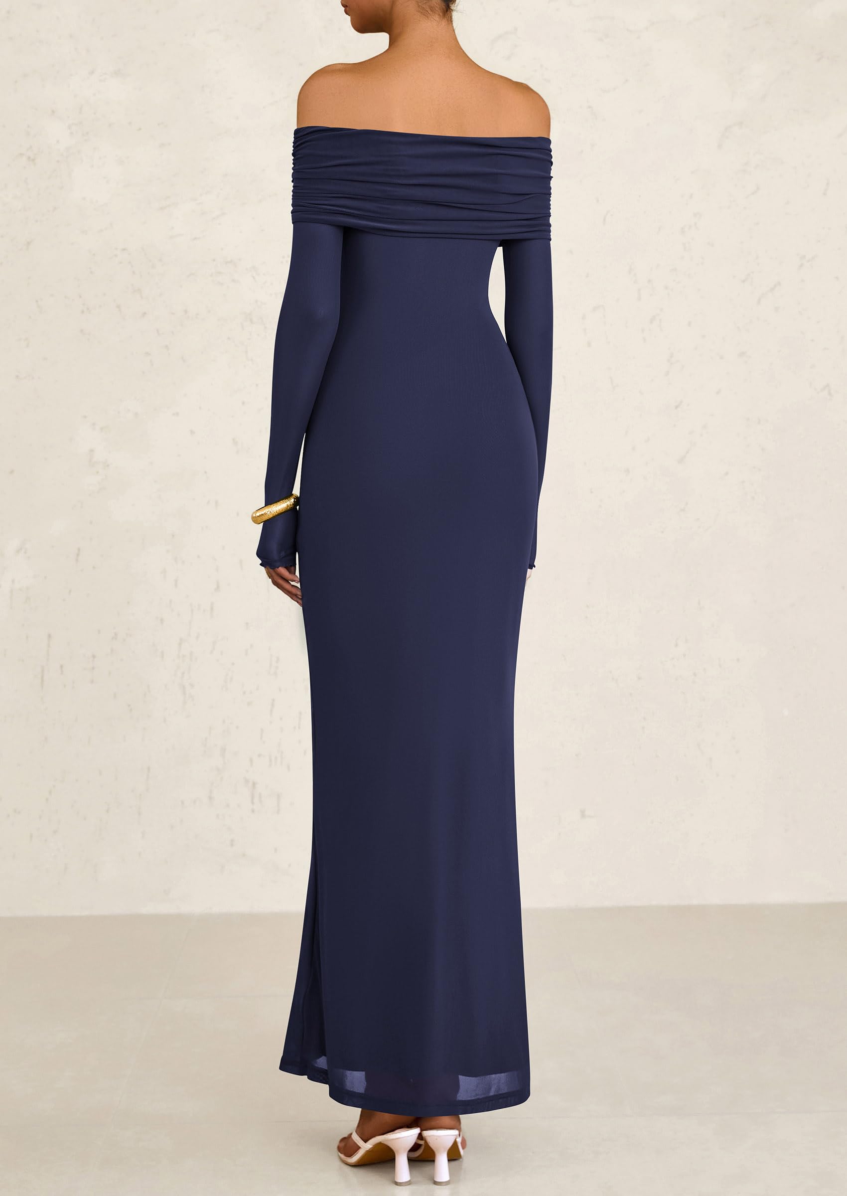 PRETTYGARDEN Off The Shoulder Dresses for Women Mesh Long Sleeve Baby Shower Formal Wedding Guest Dress