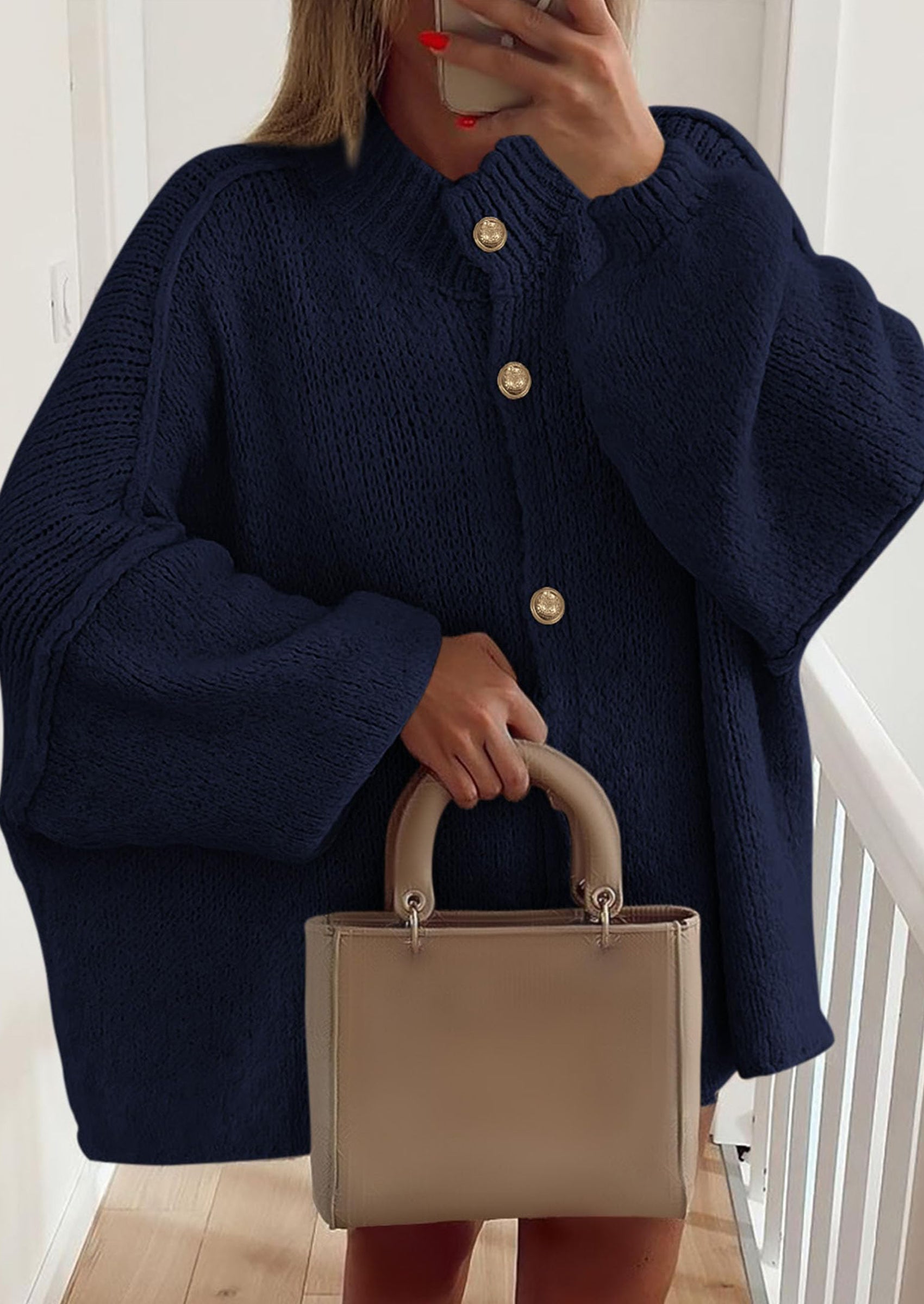 PRETTYGARDEN Women's Winter Button Down Cardigan Sweaters Mock Neck Lantern Long Sleeve Chunky Knit Jacket Trendy Outerwear