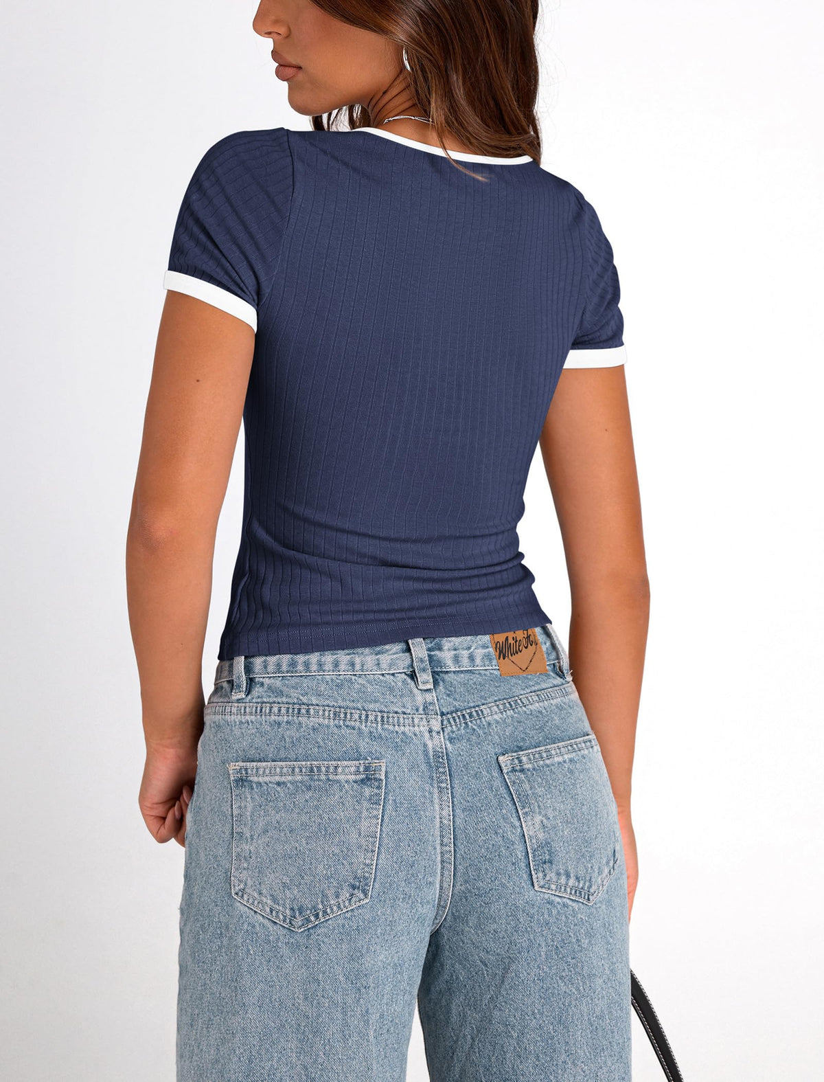 Summer Casual Short Sleeve Ribbed Knit Square Neck Color Block Slim Fit Basic Crop Tops