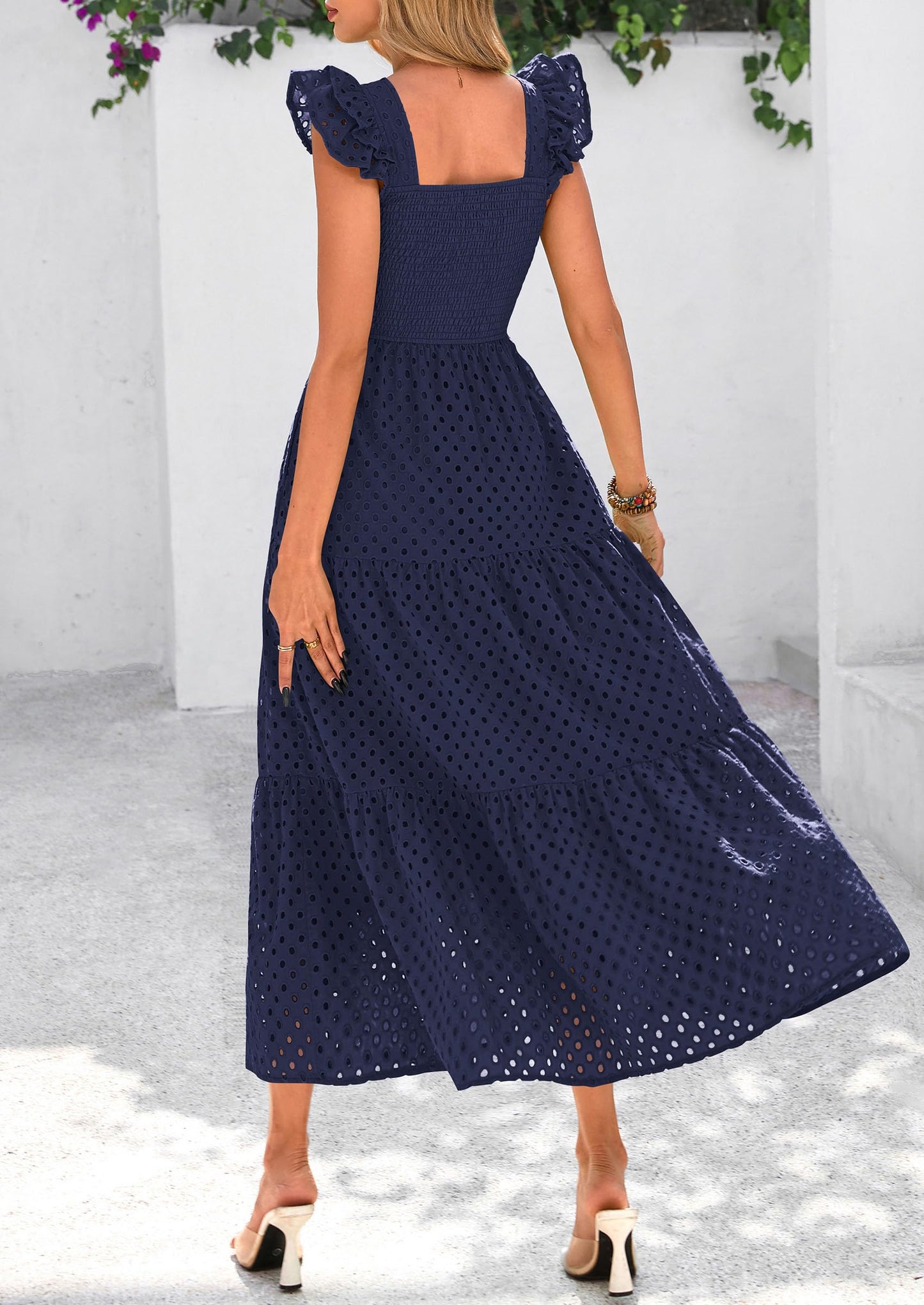 Womens Summer Square Neck Maxi Dresses Cap Sleeve Eyelet Smocked Tiered A Line Flowy Long Dress with Pockets