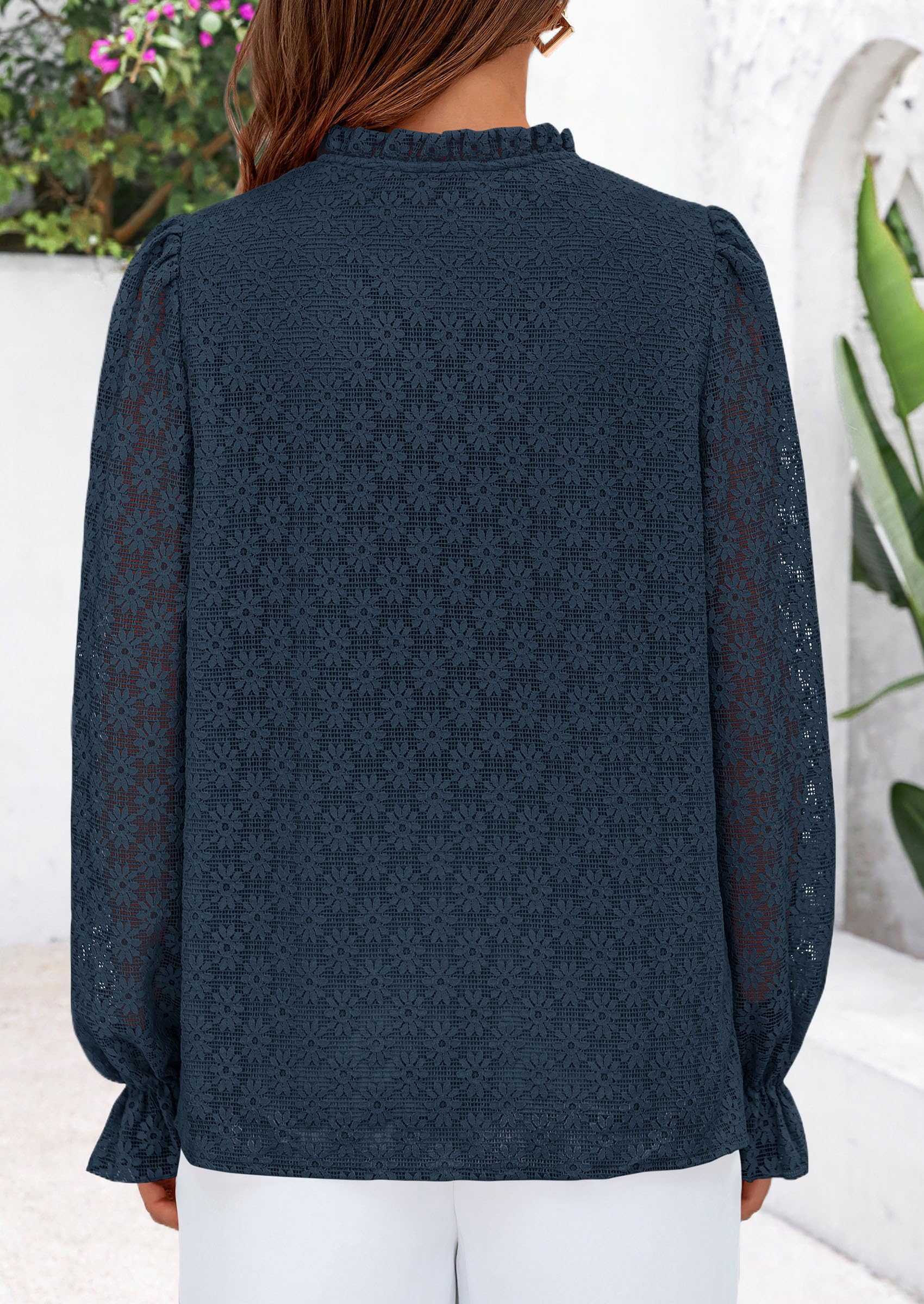 PRETTYGARDEN Lace Long Sleeve Tops for Women Eyelet Blouses Dressy Casual Hollow Out Button Down Shirts Summer Outfits