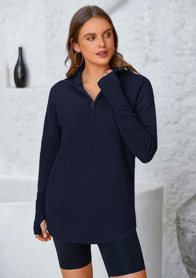 PRETTYGARDEN Womens Long Sleeve Quarter Zip Pullover Sweater Casual Loose V Neck Collared Ribbed Knit Jumper Tops Thumb Hole