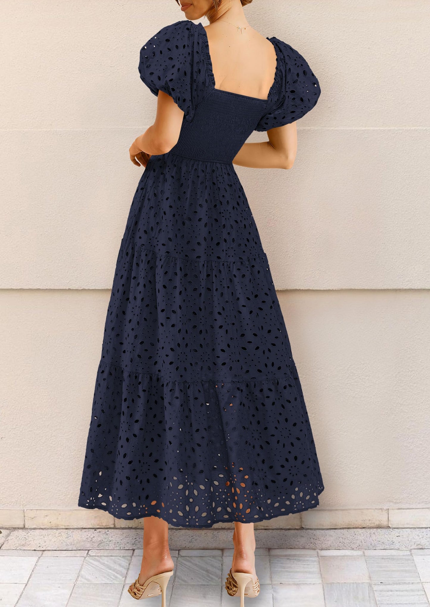 Summer Dresses for Women 2025 Eyelet Square Neck Puff Sleeve Smocked Wedding Guest Maxi Dress with Pockets